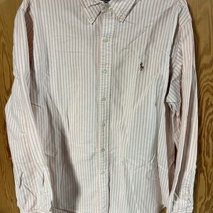 Men's Striped Peach and White Button-Down Shirt